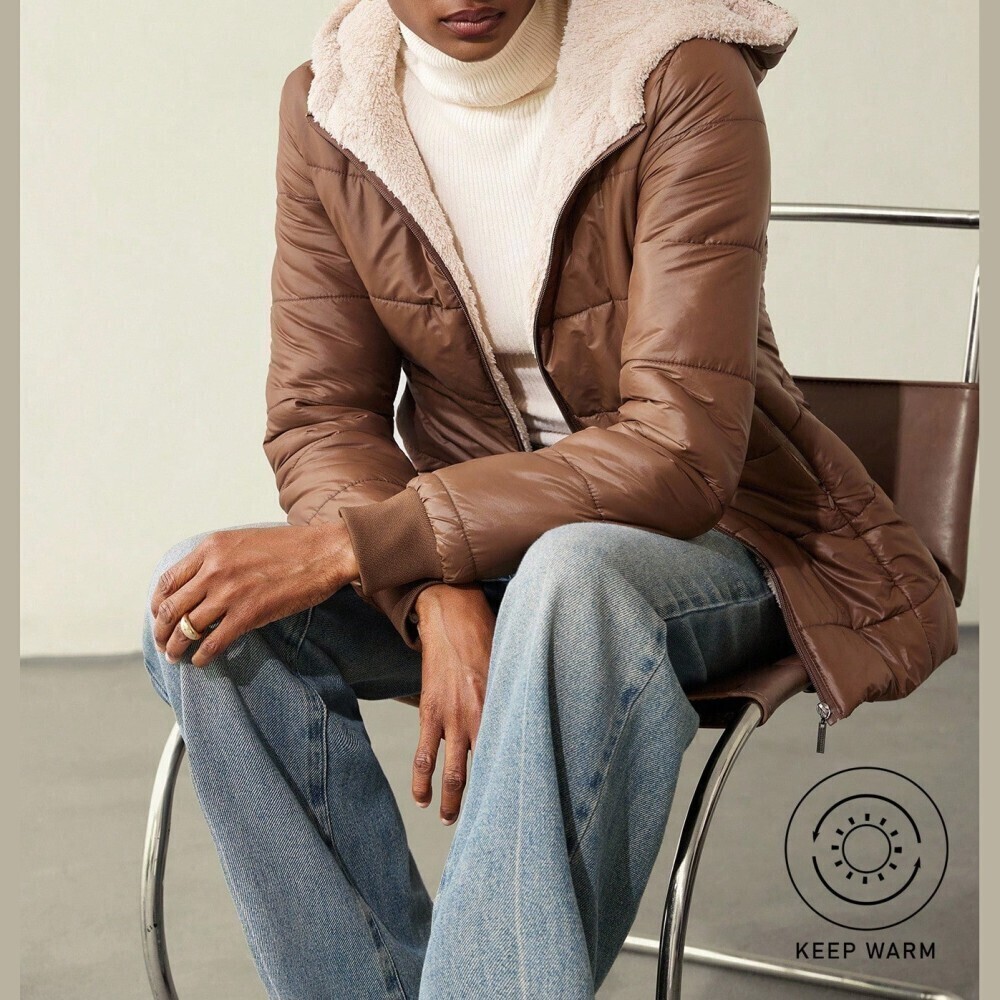 Mocha Brown Sherpa Lined Hood Quilted Zip Front Puffer Jacket